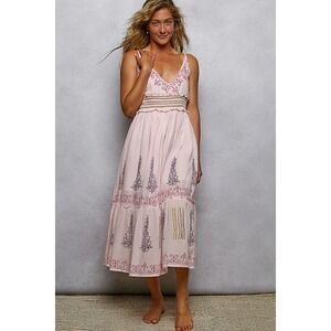 POL Pink Cotton Block Print Boho Midi Dress Smocked Waist Pearl Accents Small